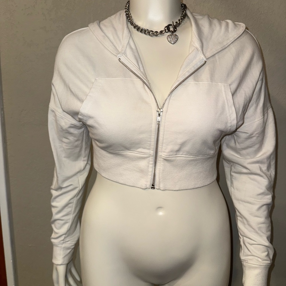 White Cropped Zip-Up Hoodie